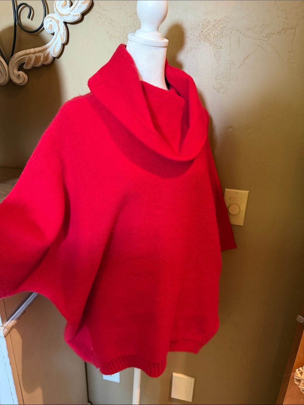 Red Cowl Neck Women's Sweater Poncho